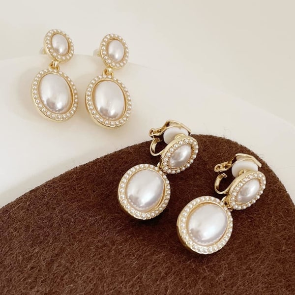 Pearl Clip on Earrings Drop Clip Örhängen för kvinnor Guldpläterade Vit