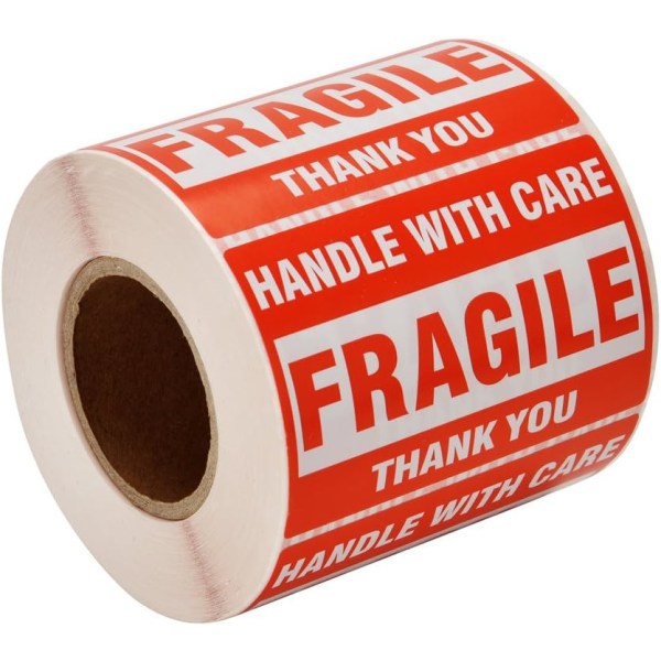 Warning Fragile Tape - Fragilt Handtag med Care Warning Stickers (1 rulle)