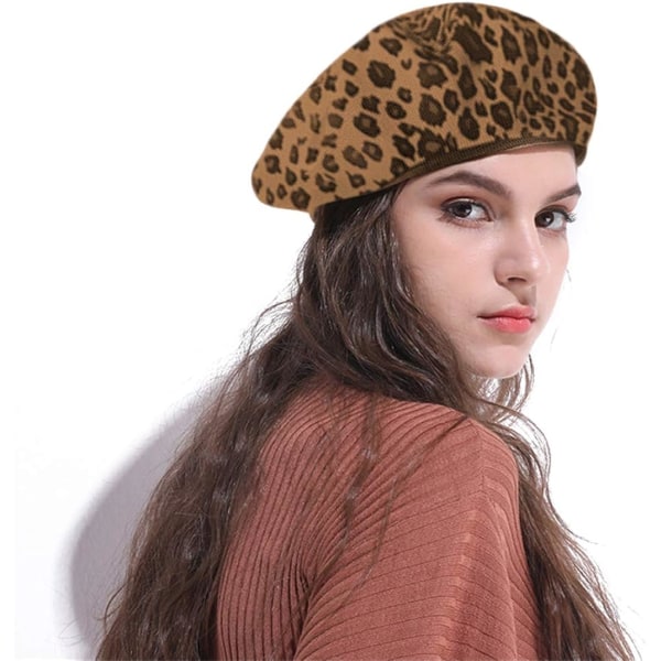 Mode Lady Leopard Print Basker Hat Ull Varm Vanlig Beanie Hat Cap