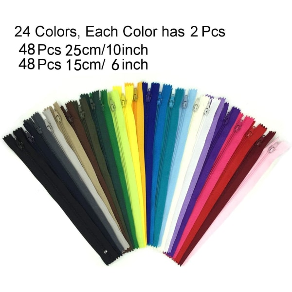 Flerfärgade nylon - 48 st 6-tums och 10-tums blixtlås för sömnad och hantverk (24 färger)