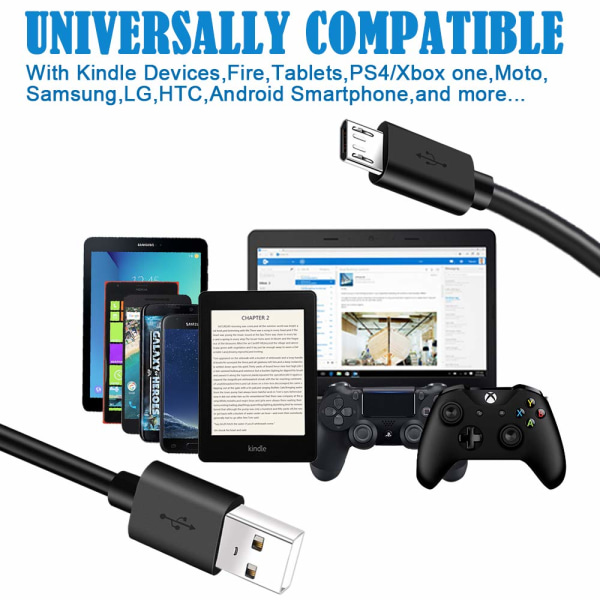 6 FT Micro USB -kabel för Fire Tablet, Samsung, HTC, LG, Sony, Motorola