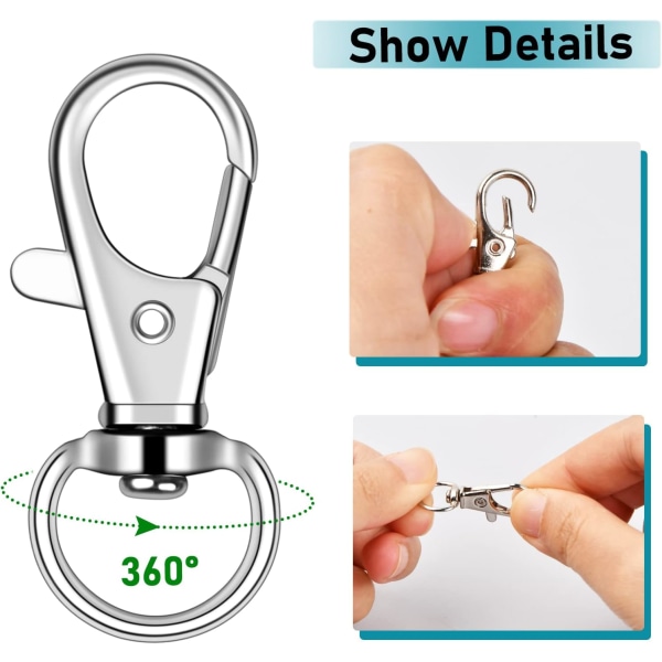 100-delade nyckelringshakar med nyckelringar - Silver Snap Clips för nyckelband och hantverk