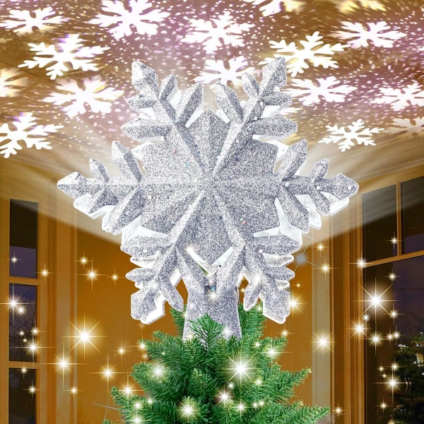 Christmas Tree Topper Upplyst med Snowflake Projector Lights, Led Star Tree