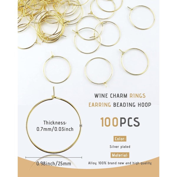 100 ST Vinglas Charm Ringar - 25 mm guldpläterade ringar