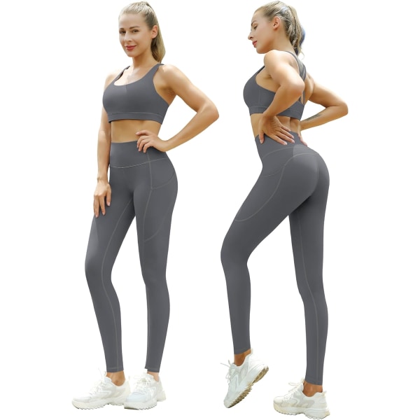 Yogabyxor för kvinnor med 3 fickor. Sportleggings med hög midja långa yogabyxor