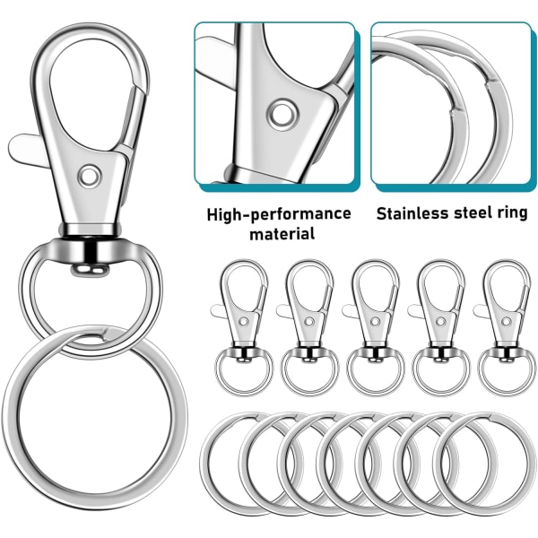 100-delade nyckelringshakar med nyckelringar - Silver Snap Clips för nyckelband och hantverk