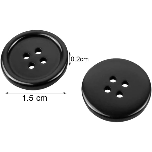 50st Svarta knappar 15mm - Runda sömnadsknappar med 4 hål