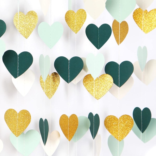 Salvia-grön Mint Beige-Guld Love-Heart Garland - Rustik dekoration
