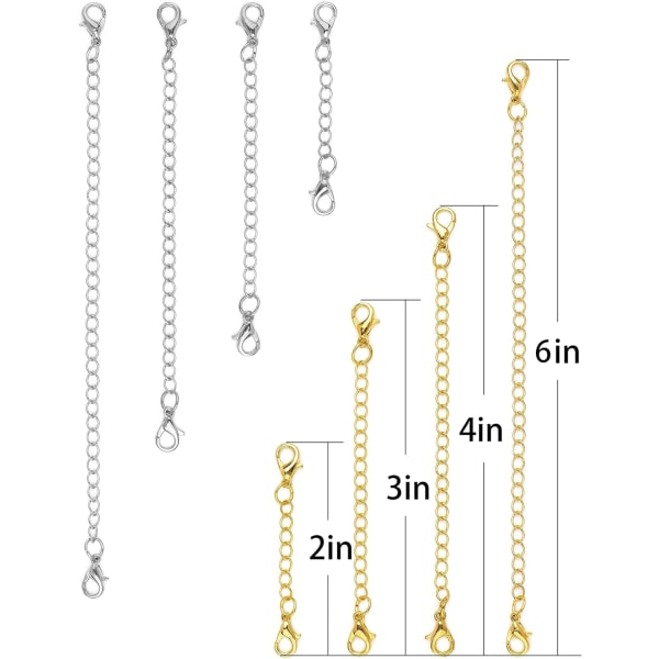 Halsband Extender Armband Extender Chains Set - 8 st Guld Silver Kedjor med Hummerlås (6, 4, 3, 2)
