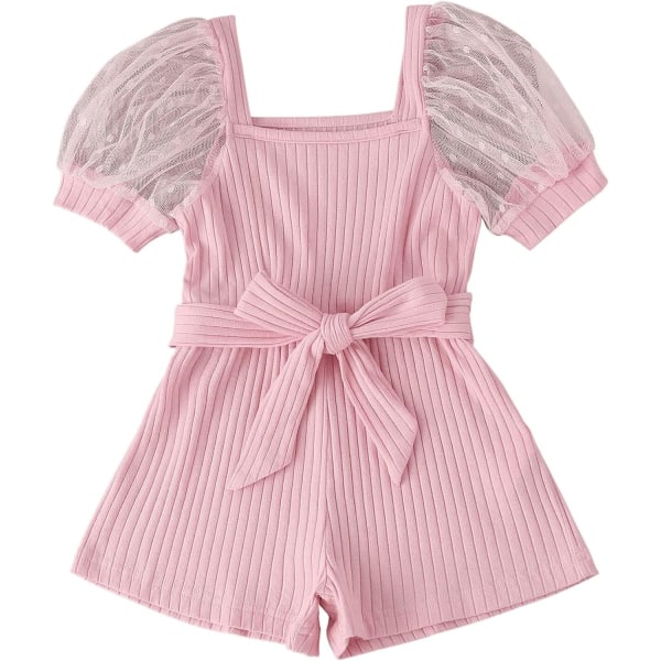 Girl's Puff Sleeve Ribbed Knit Tie Front Bälted Kort Romper Jumpsuit