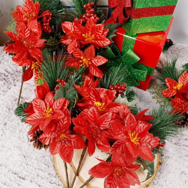 6-pack 12'' Christmas Elegant Faux Evergreen Kvistar + Guld & Silver Flower