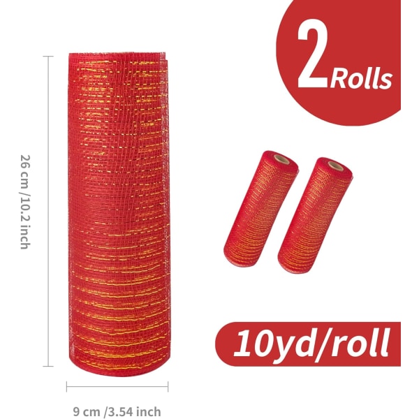 2 rullar Röd Deco Mesh Ribbon 10 in x 30 ft, Basic Metallic Poly Mesh Ribbon