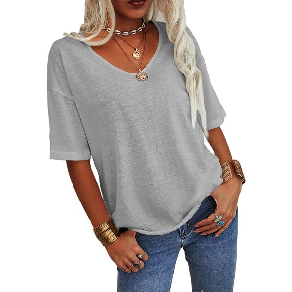 Kvinnors sommarmode V-ringad halvärm T-shirt Solid Casual Lös Basic