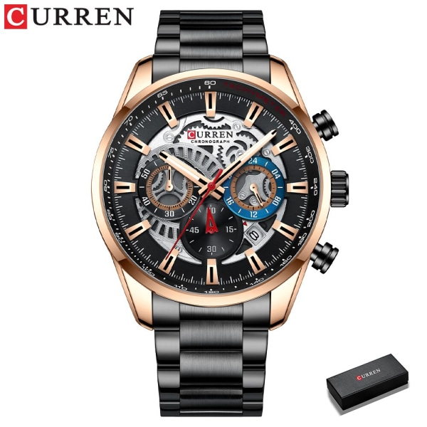 CURREN Herr Quartz Armbandsur Casual Sport Klockor i rostfritt stål för manlig kronograf och lysande handklocka black rose watch box