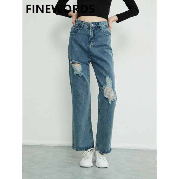 FINEWORDS 2022 Spring Ripped Baggy Jeans Hög midja Lösa Casual Streetwear Koreanska jeans Vintage tvättade 2022 jeans med vida ben Blue L