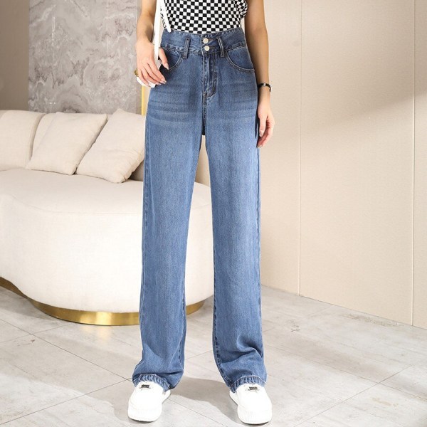 FINORD Vintage jeans med hög midja Dam koreanska Casual Streetwear Koreanska Harajuku jeans Löst tvättade raka blå jeansbyxor Blue L