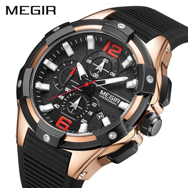 MEGIR Svart Watch Silikonband Luminous Chronograph Army Militär Sport Armbandsur Man Klocka Montre Homme Reloj Hombre Black