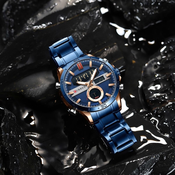 CURREN Mode Sport Blå Digitala klockor för män med kronograf i rostfritt stål Luminou Armbandsur LED Watch för män blue box