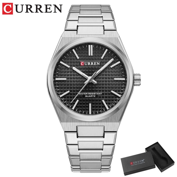 CURREN Watch för män Enkelt lysande handmode Lyxmärke Quartz Watch Casual Rostfritt stål Vattentät armbandsur silver black box