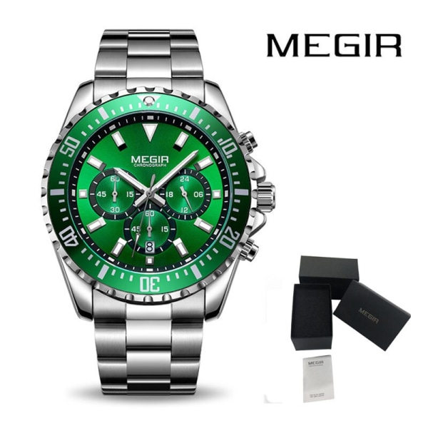 MEGIR Business Watches Herr Lyx Quartz Luminous Armbandsur Vattentät Rostfritt Stål Man Date Watch Reloj Hombre 2064 SilverBlack