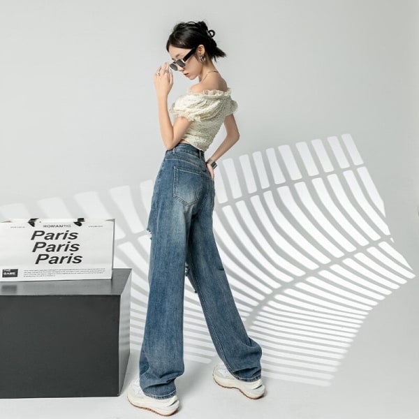 FINORDS Streetwear Coolaste Ripped Hole Raka Jeans Dam Koreanska Jeans med hög midja vid ben Baggy Casual Vintage Jeansbyxa Blue XS