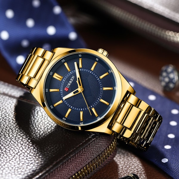 CURREN Märke Mode Lyx Sport Kvartsklocka Watch Armband i rostfritt stål Enkel Business Vattentät Klocka Reloj Hombre gold blue box