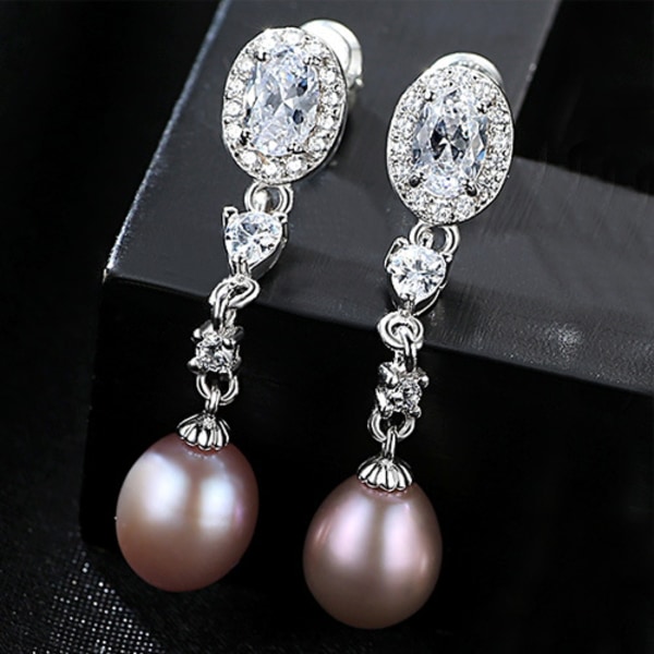 Sötvattenspärlörhängen i elegant S925 silver med zirkonstenar för kvinnor Pink freshwater pearl 925 Silver