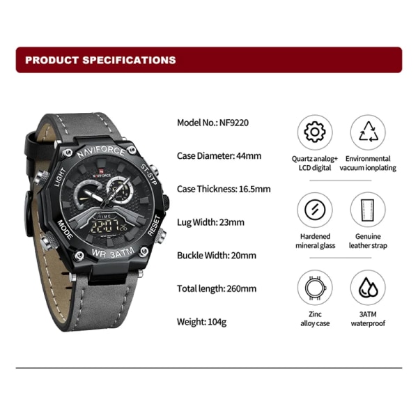 NAVIFORCE Herrklockor Dubbel Display Digital Läderrem Casual Sport Kronograf Klocka Vattentät Quartz Armbandsur BGYGY