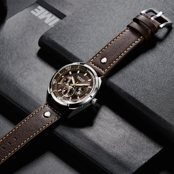 MEGIR Brand Quartz Watch Relogio Masculino Läderrem Military Business Armbandsur Herr Klocka Timme Tid Man Chronograph SilverBlack