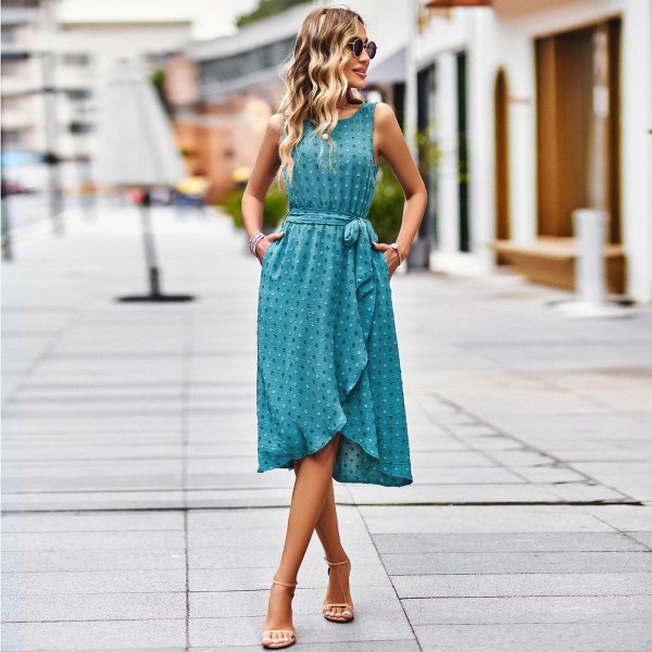 Elegant Dots Klänningar för kvinna 2023 ärmlös sommar Asymmetrisk Midi Cami festklänning med sidofickor och bältesklänning blue S