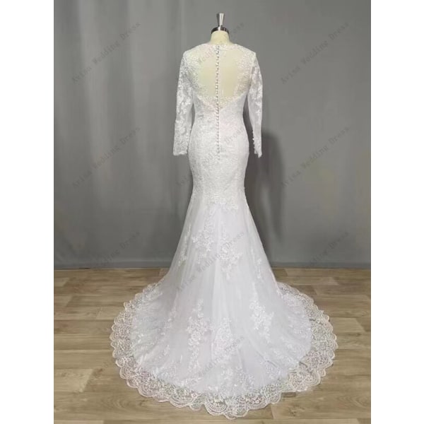 Eleganta bröllopsklänningar för kvinnor Sjöjungfru Långärmad Spetsapplikation Boho Brudklänning Brudklänningar Vestidos De Noiva Custome Made Champagne 14