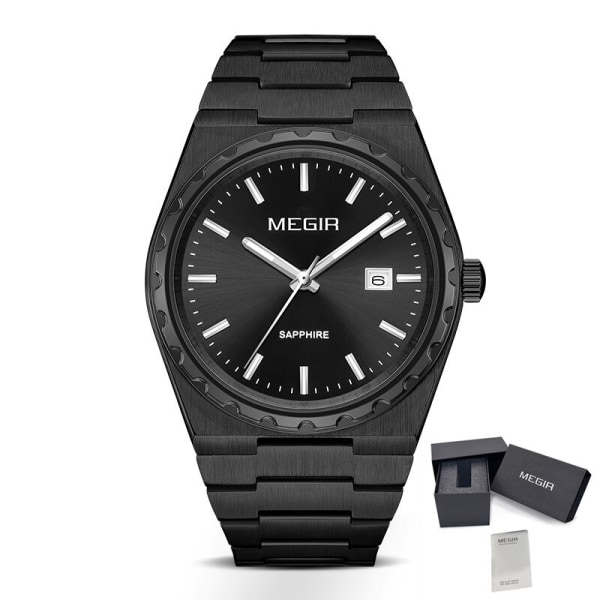 MEGIR Analog Quartz Watch för män Luminous 5ATM Vattentät Business Watch Rostfritt Stål Casual Relogio Masculino Black