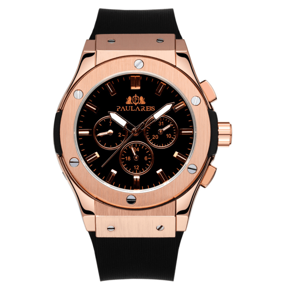 Herrklocka Automatisk Mekanisk Multifunktionell Ljus Rosa Guld Band Six-PinBlackShell