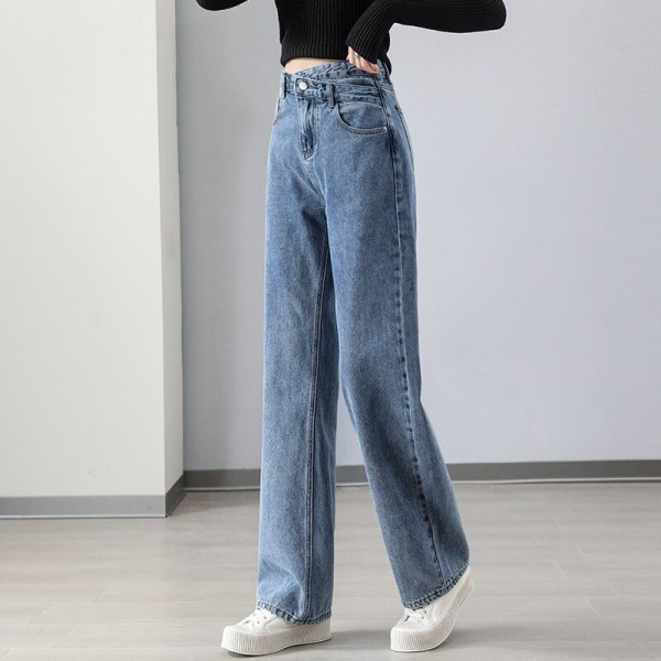 FINORD Höst Vinter Vita jeans med vida ben Kvinnor Koreanska Casual lösa jeans Streetwear Harajuku Vintage raka jeansbyxor Blue S