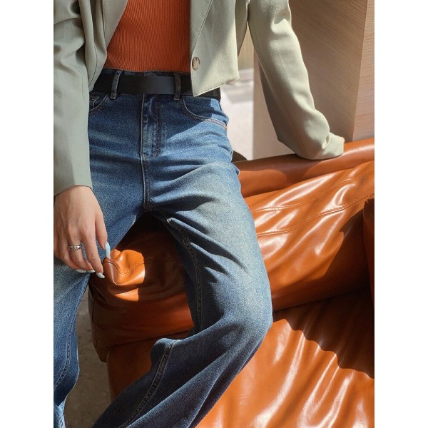 FINORD Höst vintage tvättade jeans med vida ben Dam koreanska Casual Baggy jeans Streetwear Hellängd Harajuku raka jeans Blue XL