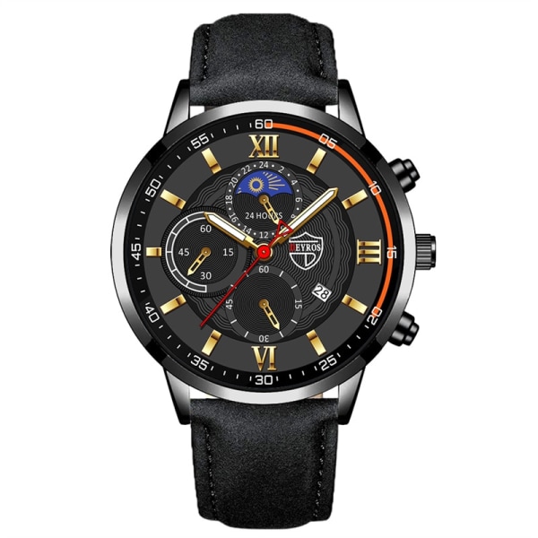 Män Watch i rostfritt stål Quartz Armbandsur Man Business Casual Enkelt läderarmband Manlig självlysande klocka Klockor LeatherBlackGold