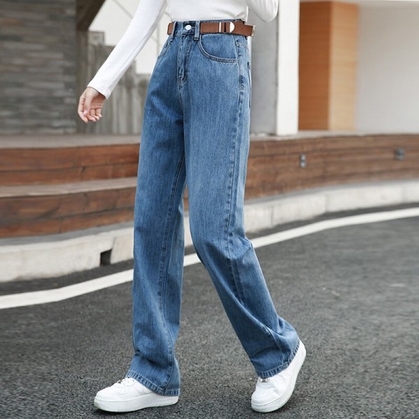 FINORD Vintage jeans med hög midja Dam koreanska Casual Streetwear Koreanska Harajuku jeans Löst tvättade raka blå jeansbyxor Blue XL