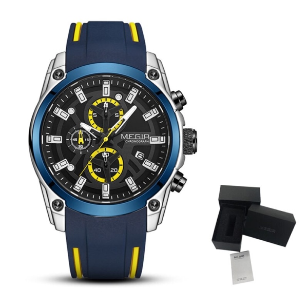 MEGIR Watch för män Mode Militär Quartz Klockor Armbandsur Lysande manlig klocka Kalender Vattentät Reloj Hombre 2144 BlueYellow