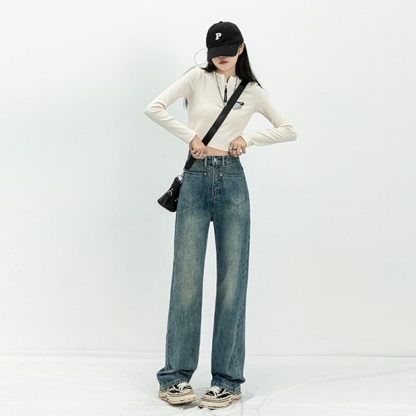 FINORD Vintage y2k dam jeans med ficka koreanska baggy jeans med vida ben Streetwear Punk vintage Casual jeansbyxor med hög midja Blue M