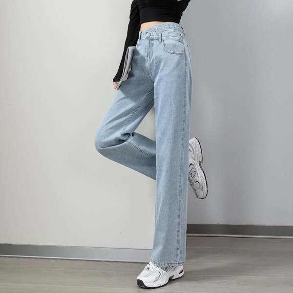 FINORD Höst Vinter Vita jeans med vida ben Kvinnor Koreanska Casual lösa jeans Streetwear Harajuku Vintage raka jeansbyxor SkyBlue S
