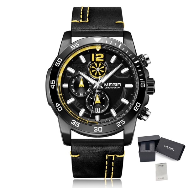 MEGIR Black Luxury Watch Man Läderrem Vattentät Kronograf Sport Herrklockor Clock Hour Quartz Armbandsur Black