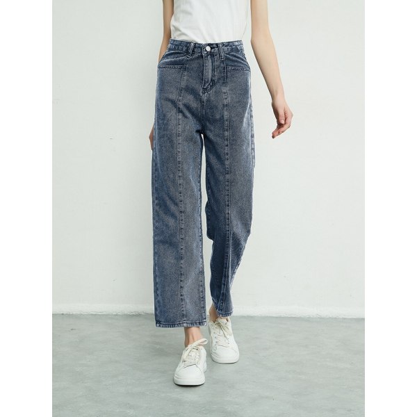 FINEWORDS 2022 våren hög midja raka jeans kvinnor koreanskt nytt mode mamma jeans Hellängd lösa jeansbyxor vida ben skyblue M