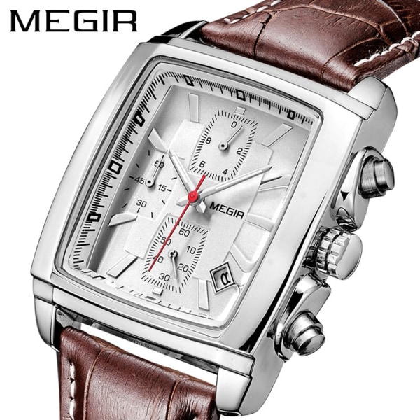 MEGIR Lyx Casual Mode Herr Kvarts Armbandsur Läderrem Vattentät Lysande Watch Chronograph 2028 BlackSilver