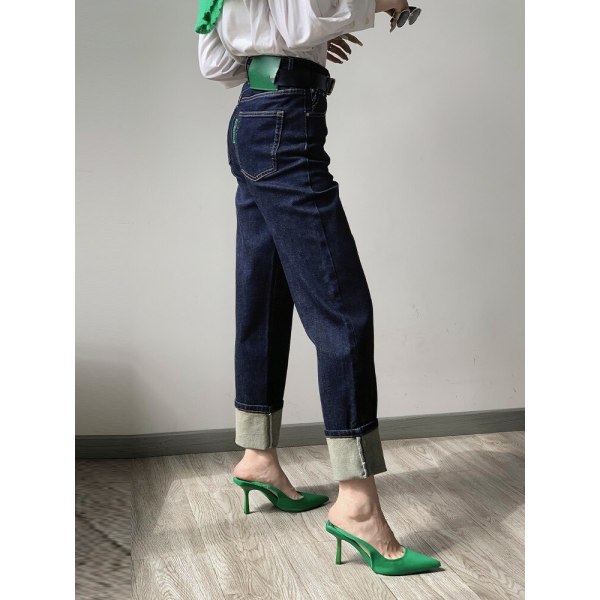 FINORD Varumärke Vintage Mörkblå lösa jeans Kvinnor Koreanska Casual Jeans med hög midja Full Längd Harajuku raka manschett jeans Blue 31