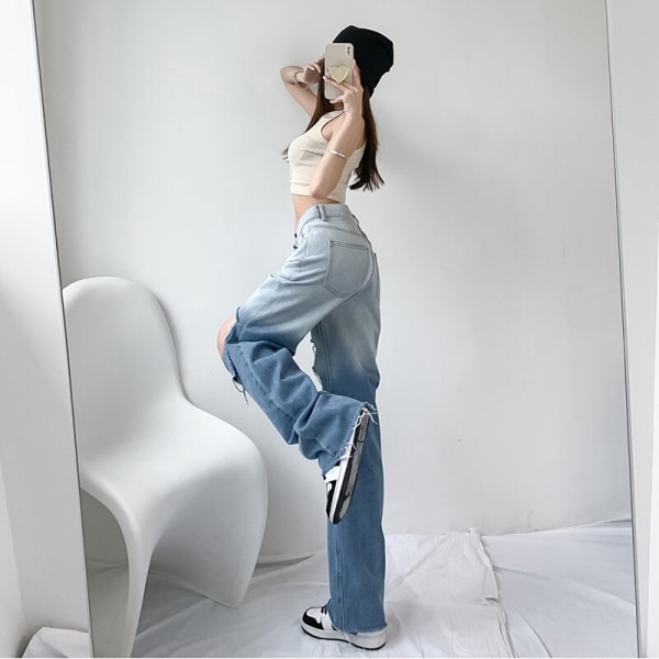 FINORD Knä Stort hål slitet Distressed jeans Blå gradient färg Punk raka jeans koreanska Casual Streetwear vintage jeans Blue S