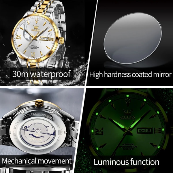 Män Klockor Automatisk Mekanisk Klocka för Man Vattentät Luminous Armbandsur Datum Vecka silvergrey