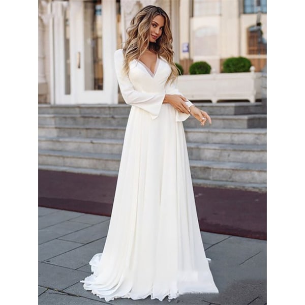 Långärmad Bröllopsklänning 2023 Satin Enkel V-ringad Applikationer Brudklänning Elegant Sashes Vintage För Kvinnor Civil Customize Ivory 12