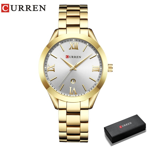CURREN Damklockor Mode Vattentät rostfritt stål Dam Quartz Armband Set Dial Simple Luxury Business Armbandsur reloj gold white box