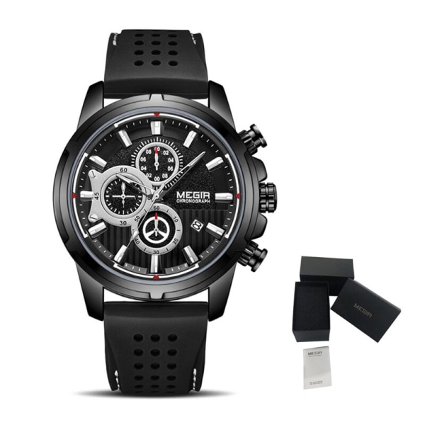 MEGIR Brand Luxury Sport Quartz Watch Silikon Chronograph Herr Armbandsur Vattentät Man Kalenderklocka Watch 2101 Black