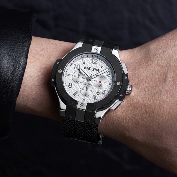 MEGIR Herr Sportklockor Silikon Armband Militär Quartz Klocka Lyx Man Kronograf Klocka Casual Vattentäta Armbandsur 2050 Black